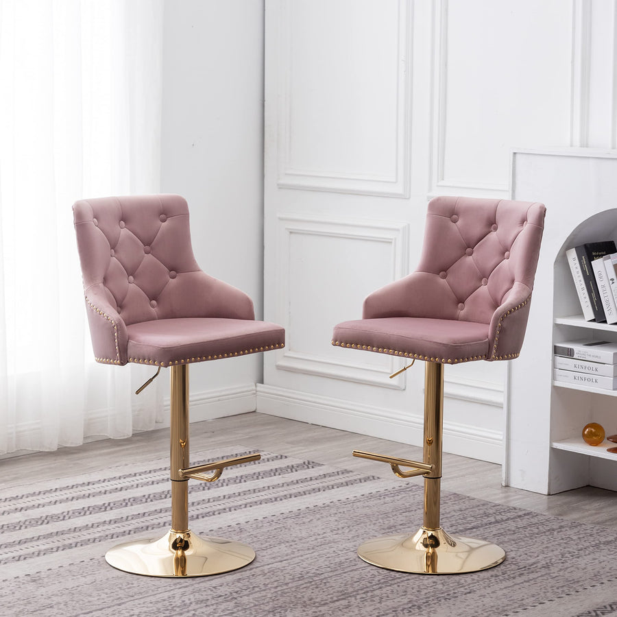 Brightcast 2-Piece Velvet Tufted Gold Bar Stools in Pink - Set of 2