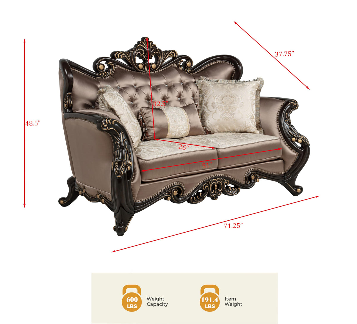 Tlerra Victorian Classic Living Room Loveseat - side view