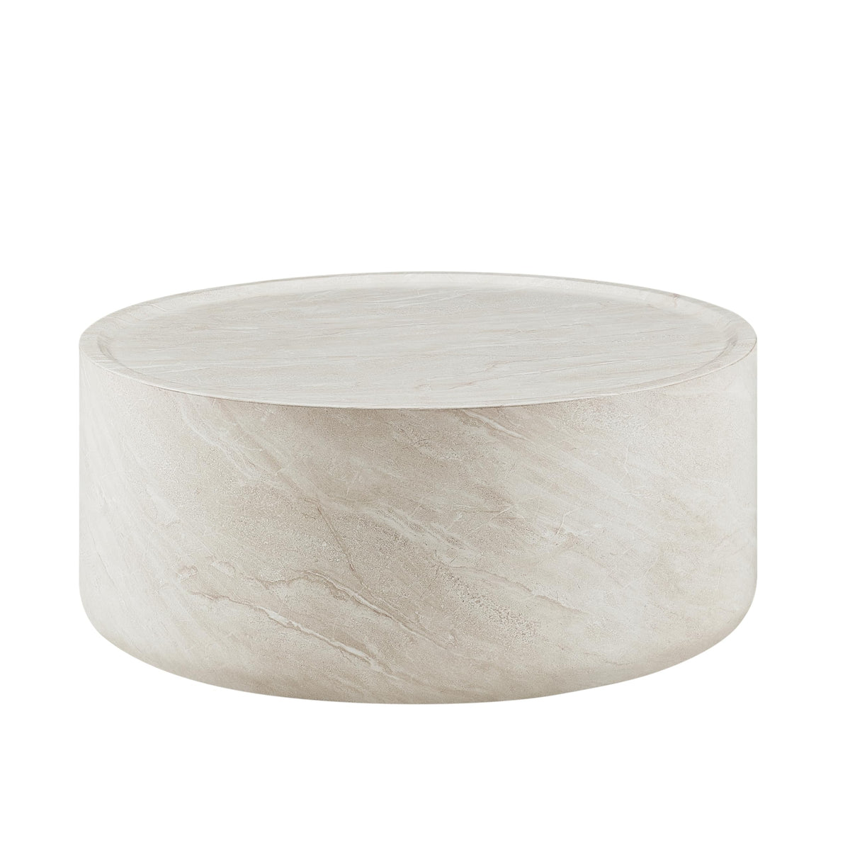 Vyn 36" Round Coffee Table Concrete Travertine Finish, Modern Organic Drum Center Table in Cloud