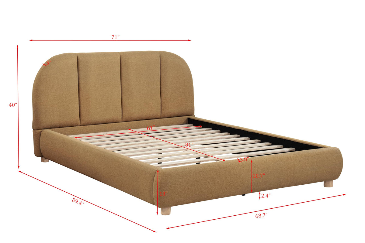 Ctasia Queen Burlap Bed Frame with 40" Rounded Headboard, Low Profile in Golden Brown - side view