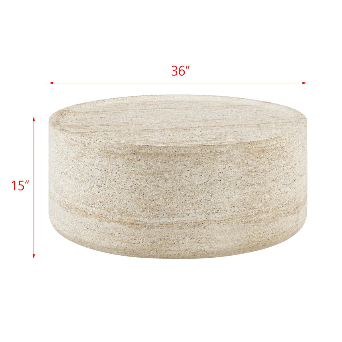 Vyn 36" Round Coffee Table Concrete Travertine Finish, Modern Organic Drum Center Table in Sand - side view
