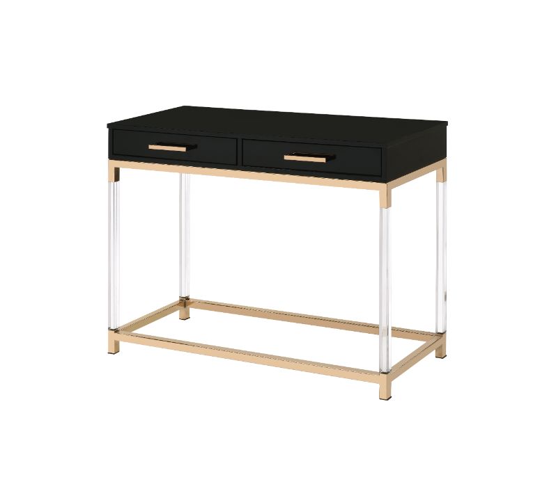 Adiel Sofa Table - Gold Metal Frame, Acrylic Legs & 2 Drawers in Black