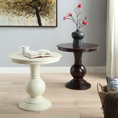 Alyx Round Pedestal Accent Table - Turned Ball Base in Distressed Antique White