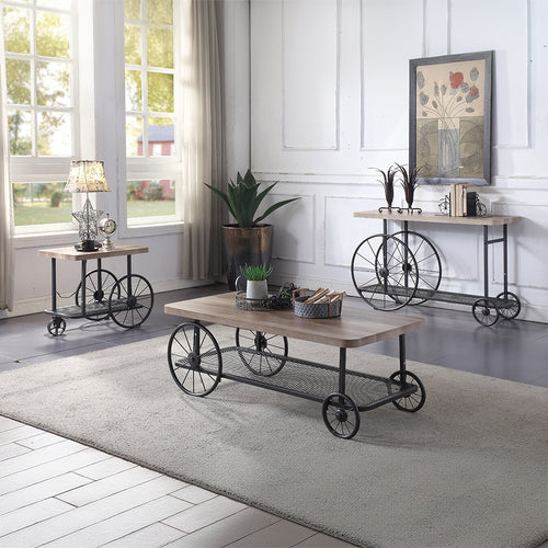 Francie Industrial Cart Tables - Butcher Block Top, Mesh Shelf & Wheels in Oak & Antique Gray