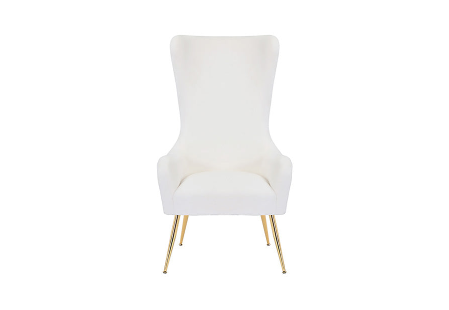 Front view of the Blair high-back accent chair in white fabric with gold legs.