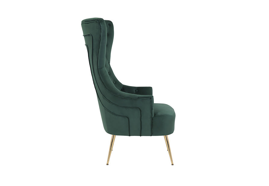 Side profile of gray velvet accent chair with high back design