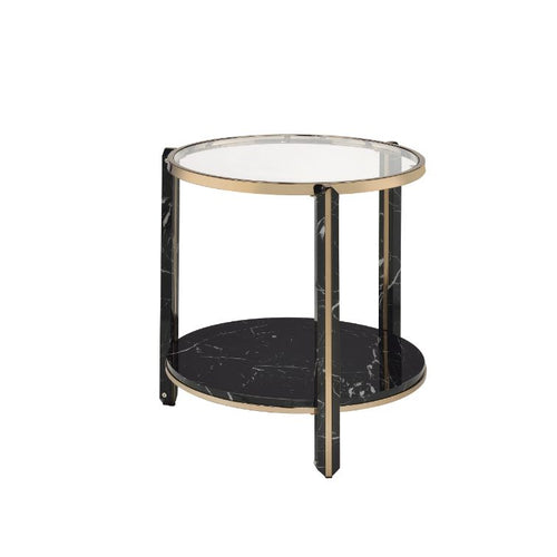 Thistle Round End Table - Glass Top & Faux Marble Shelf in Black & Champagne