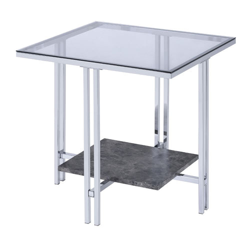 Liddell End Table - Glass Top & Faux Marble Shelf on Chrome Base