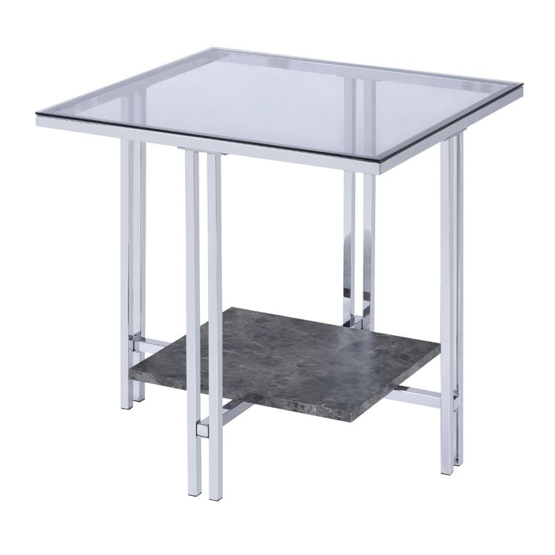Liddell End Table - Glass Top & Faux Marble Shelf on Chrome Base