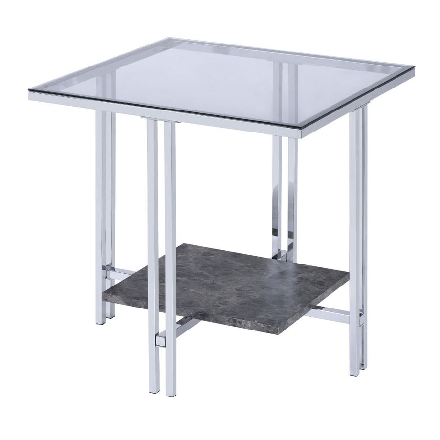 Liddell End Table - Glass Top & Faux Marble Shelf on Chrome Base