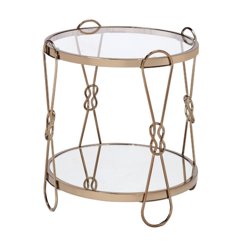 Zekera Drum End Table - Mirrored Top & Shelf on Champagne Metal Frame