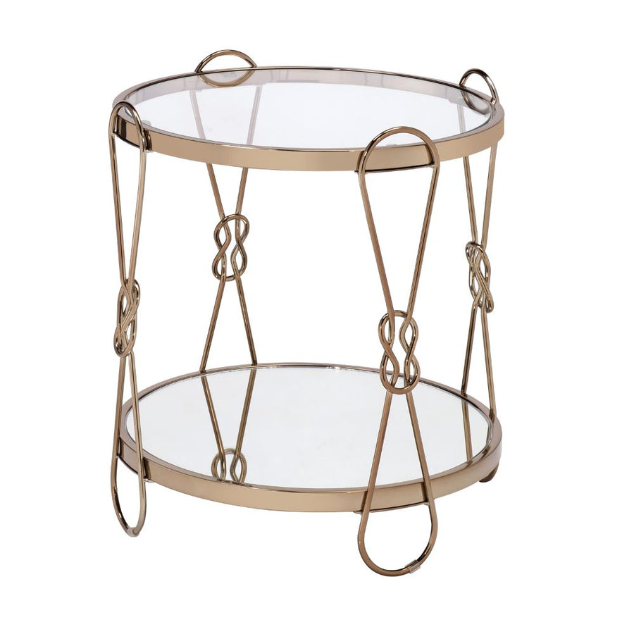 Zekera Drum End Table - Mirrored Top & Shelf on Champagne Metal Frame