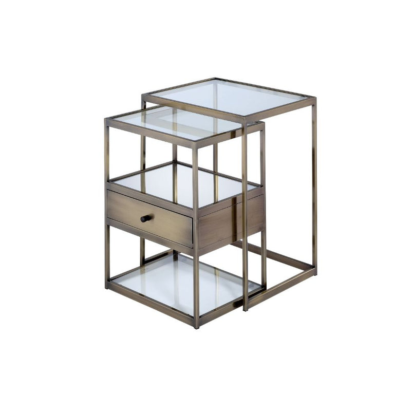 Enca 2-Piece Nesting Table Set - Tempered Glass & Storage Drawer in Antique Brass