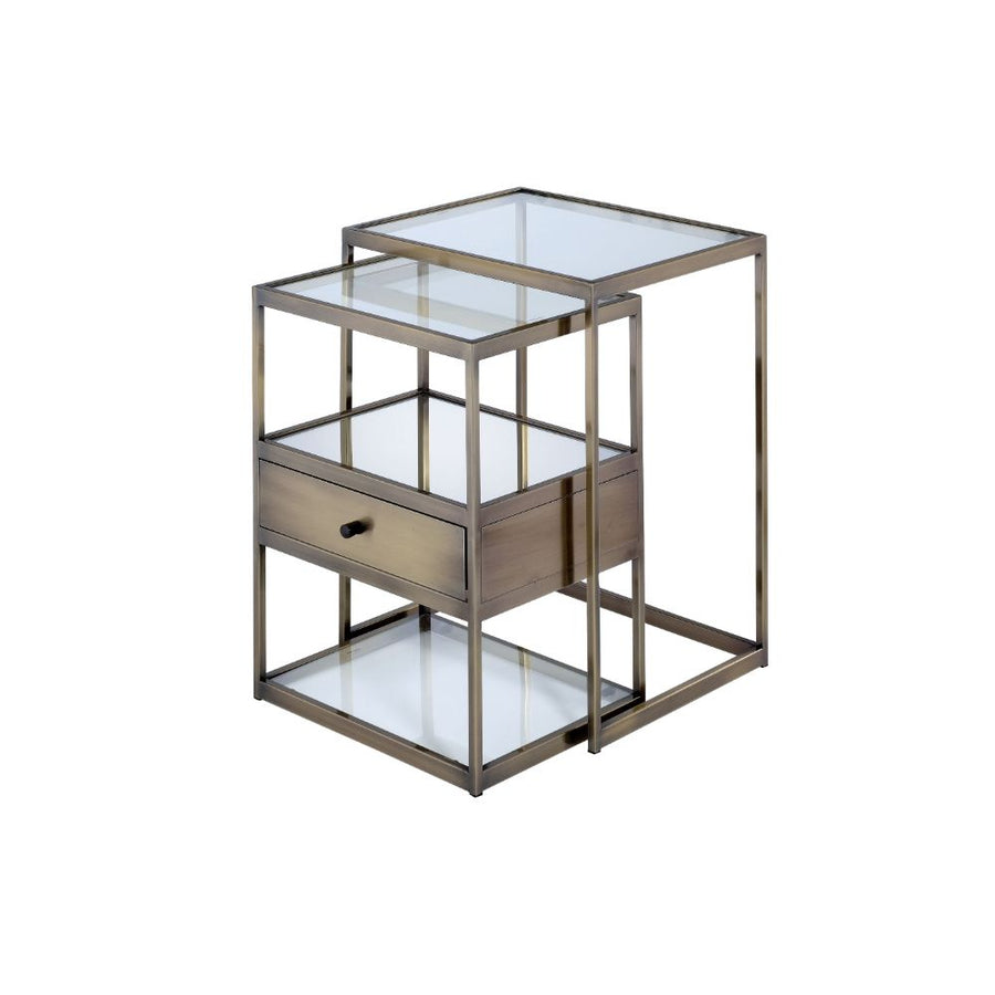 Enca 2-Piece Nesting Table Set - Tempered Glass & Storage Drawer in Antique Brass