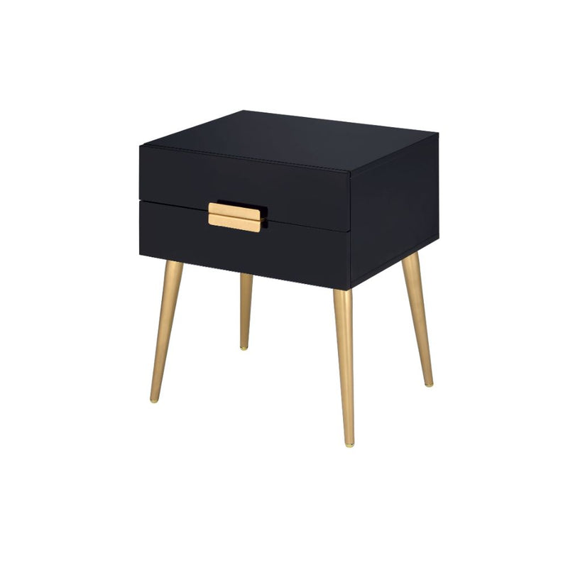 Denvor End Table - Retro 2-Drawer High Gloss Top on Gold Tapered Legs in Black or White