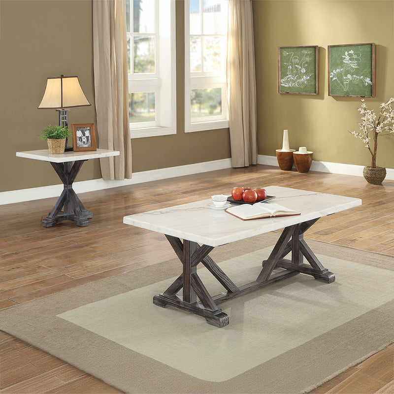 Romina End Table - White Marble Top & X-Shaped Tripod Base in Weathered Espresso