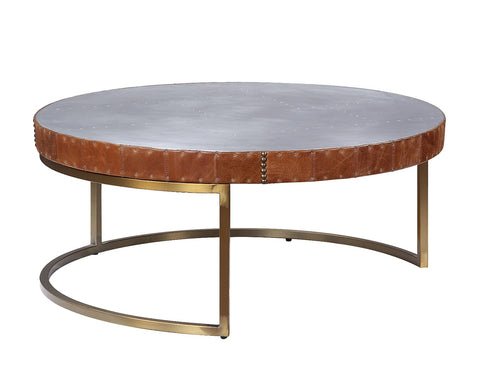 Tamas Round Drum Coffee Table - Patchwork Aluminum Top in Cocoa Top Grain Leather