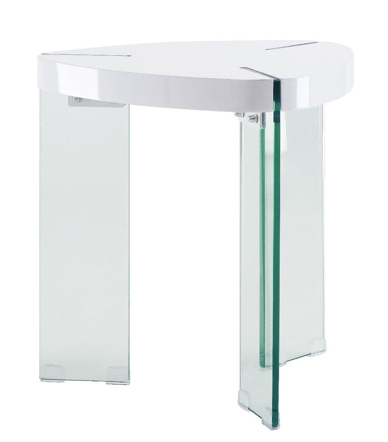 Noland Triangular End Table - Clear Glass Tripod Base & White High Gloss Top