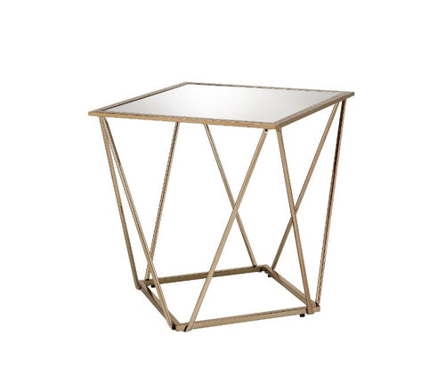 Fogya Mirrored End Table - Geometric Metal Base in Champagne Gold