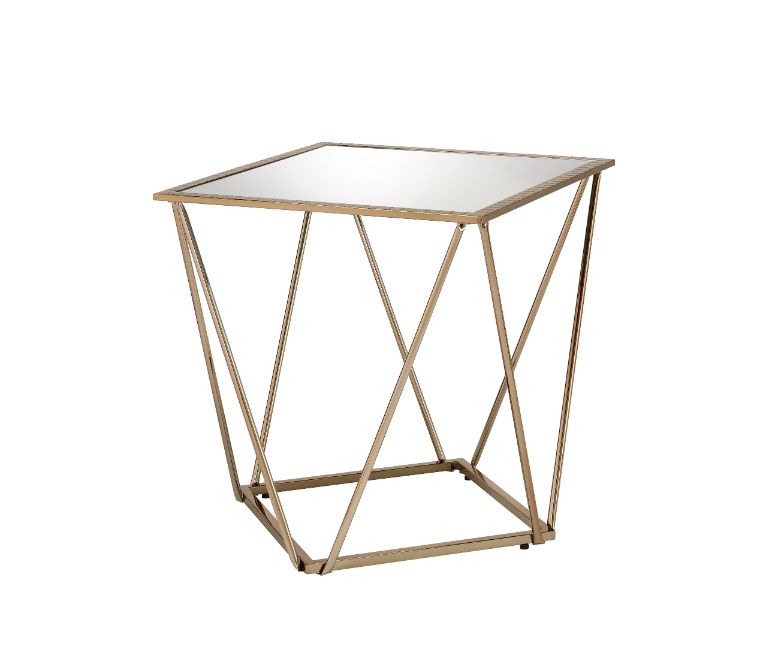 Fogya Mirrored End Table - Geometric Metal Base in Champagne Gold
