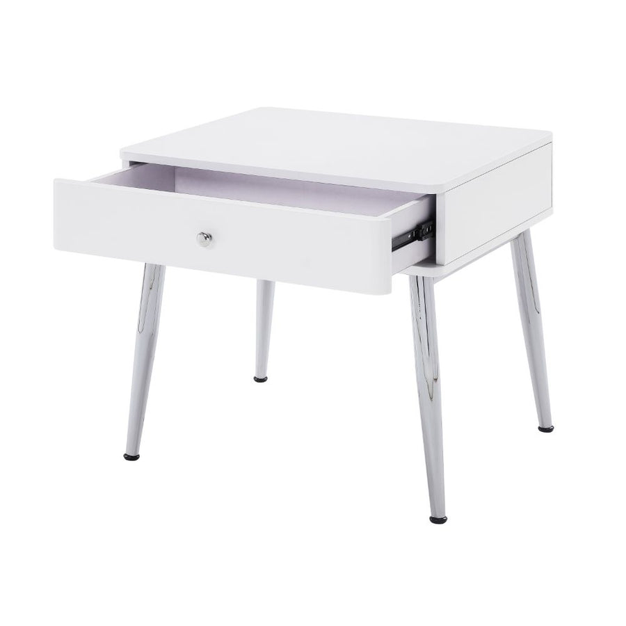 Weizor End Table - Top Drawer & Chrome Splayed Legs in White High Gloss