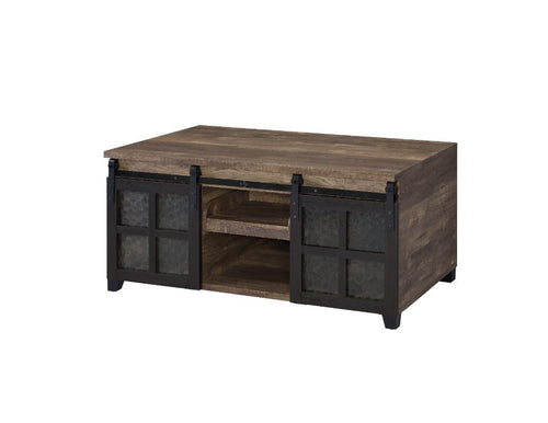 Nineel Barn Door Coffee Table - Obscure Glass Doors & Pull-Out Tray in Rustic Oak & Black