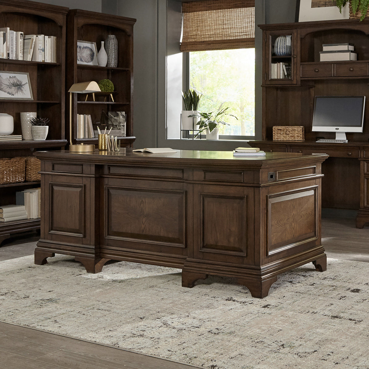 Hartshill Executive Desk, Credenza, File Cabinet & Bookcases - Traditional Home Office in Burnished Oak – view 1