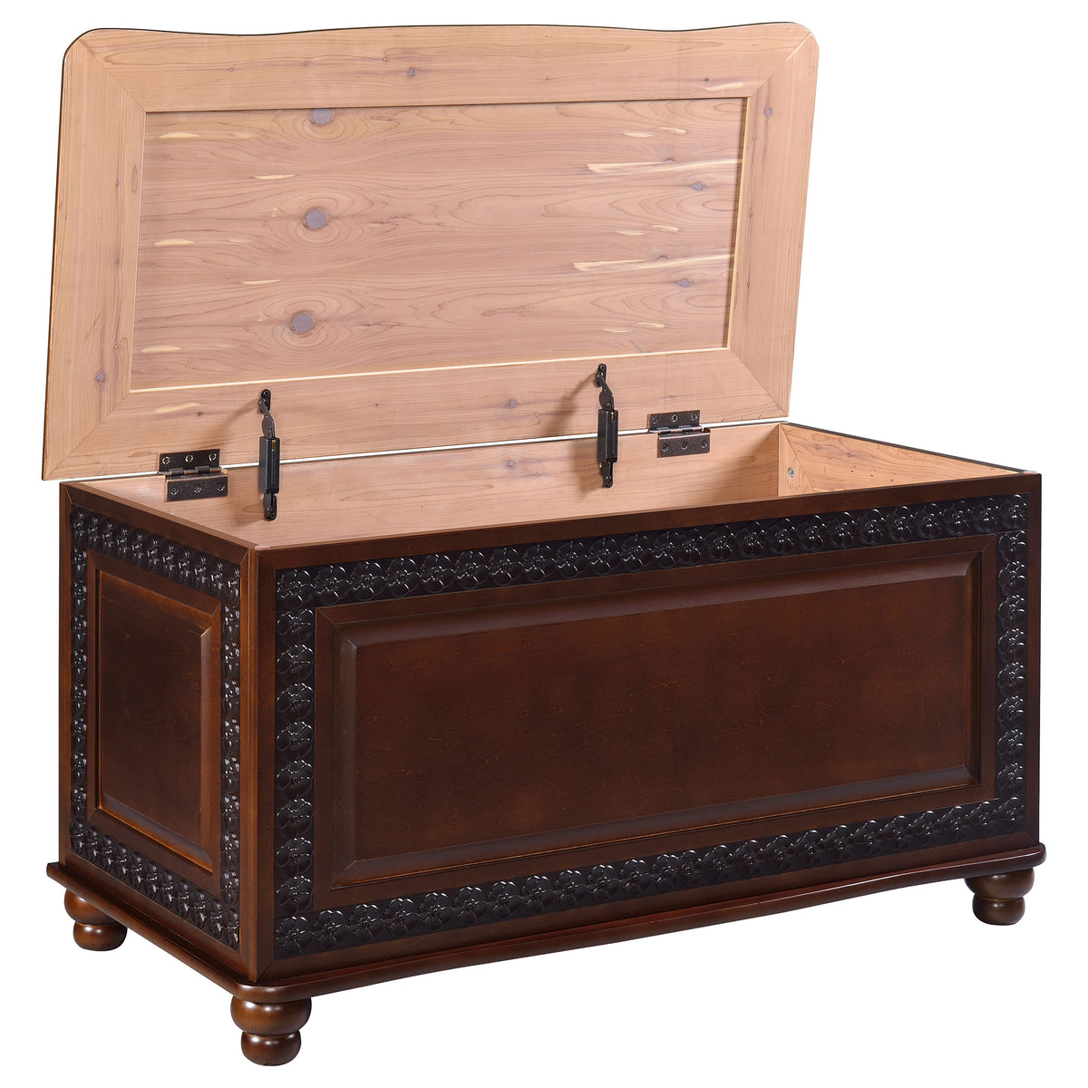 Finlay Cedar-Lined Storage Chest - Carved Trim, Turned Feet & Safety Hinge in Dark Tobacco – view 3