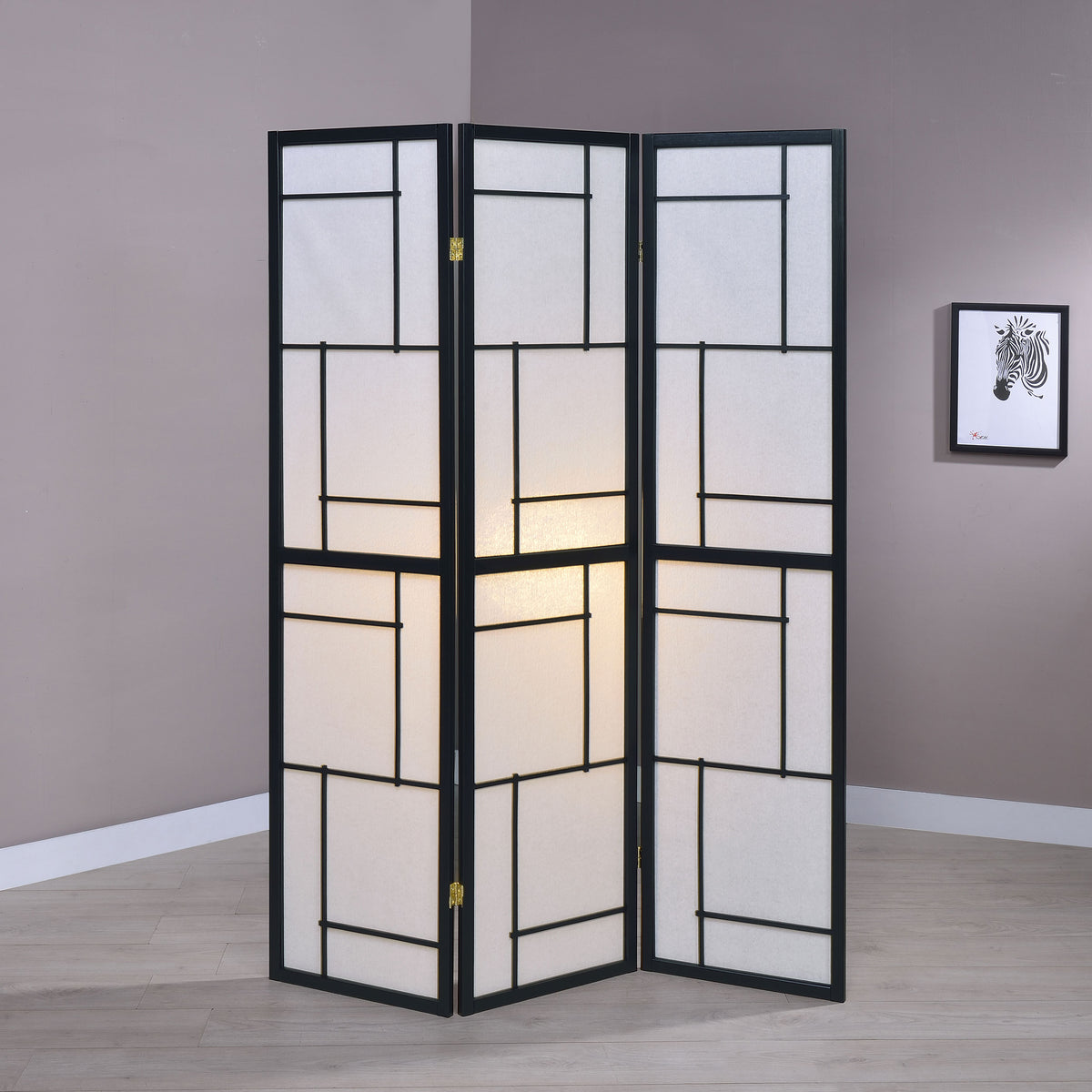 Damis 3-Panel Folding Shoji Screen Room Divider - Black Frame with White Fabric Panels – view 1