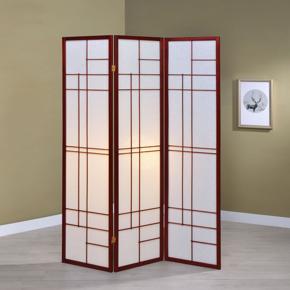 Katerina 3-Panel Shoji Room Divider - Japanese-Inspired Folding Screen in Cherry & White โ view 1