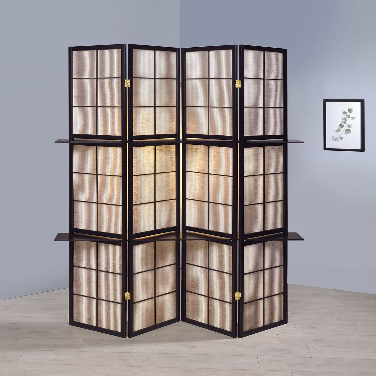 Iggy 4-Panel Folding Room Divider with 2 Shelves - Tan Jute Panels in Cappuccino Wood Frame – view 1