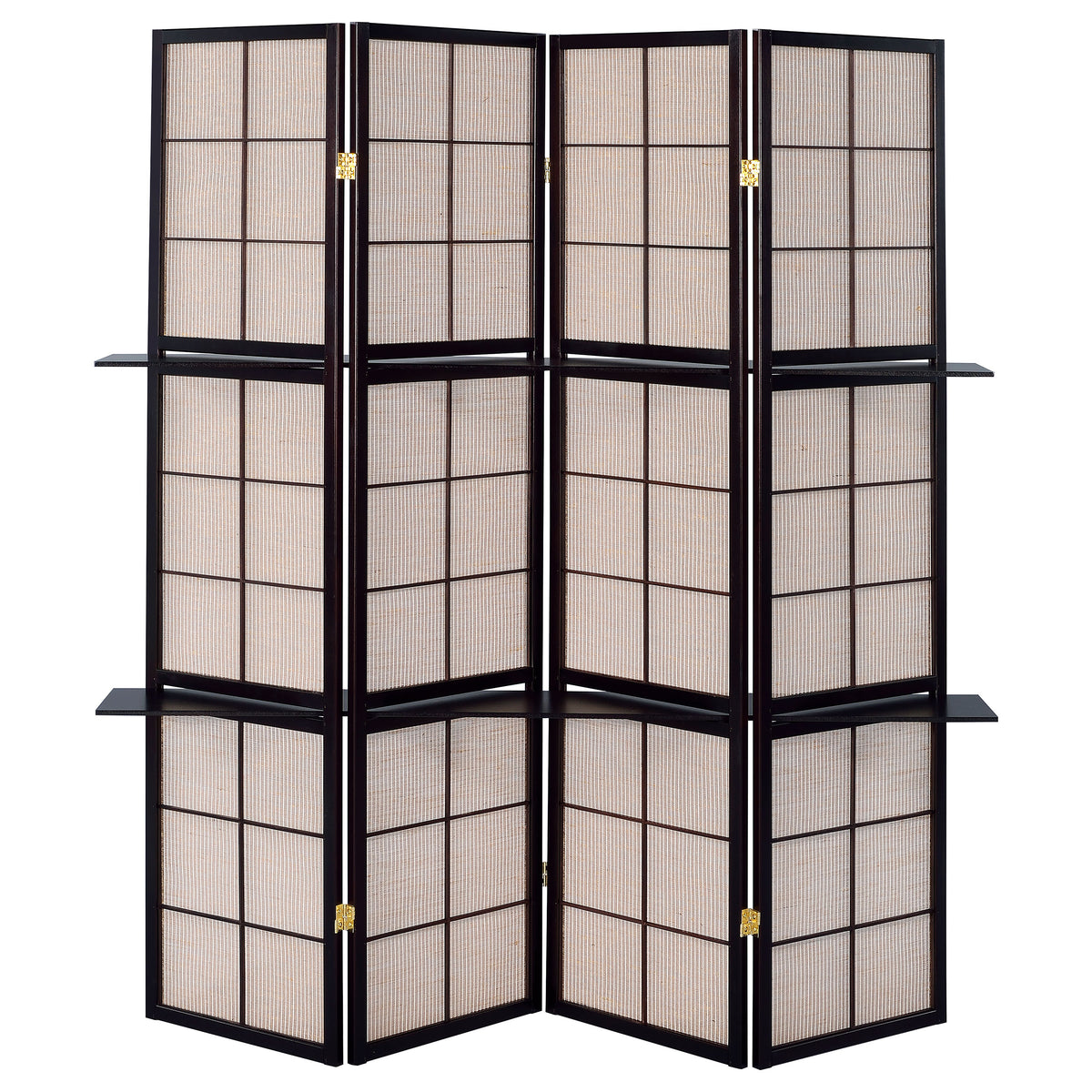 Iggy 4-Panel Folding Room Divider with 2 Shelves - Tan Jute Panels in Cappuccino Wood Frame – view 3