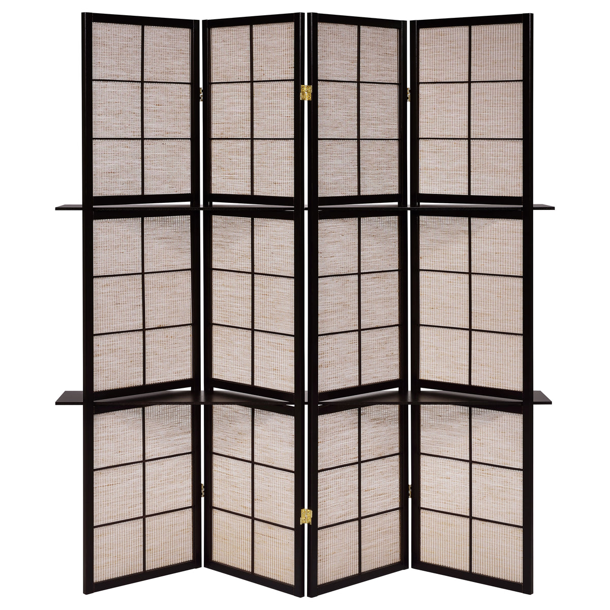 Iggy 4-Panel Folding Room Divider with 2 Shelves - Tan Jute Panels in Cappuccino Wood Frame – view 4
