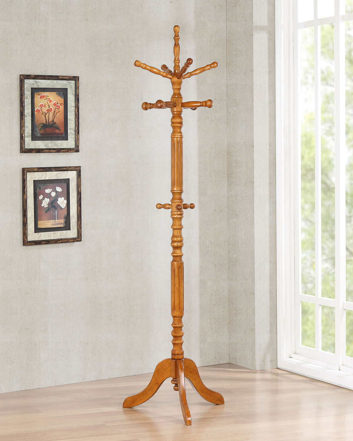 Achelle 11-Hook Freestanding Coat Rack - Rotating Top, Turned Wood Post in Tobacco or Golden Brown – view 2