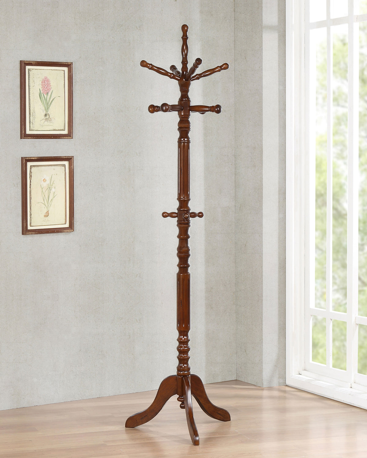 Achelle 11-Hook Freestanding Coat Rack - Rotating Top, Turned Wood Post in Tobacco or Golden Brown – view 1