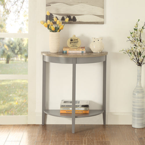 Justino Half Moon Console Table - Lower Shelf & Square Legs in Natural Oak & Gray or Gray