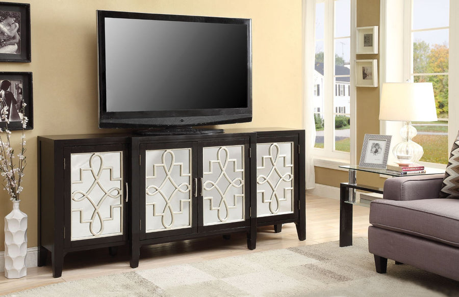 Kacia Mirrored Console Cabinet - Ornamental Inlay Doors in Antique Black or Antique Gray