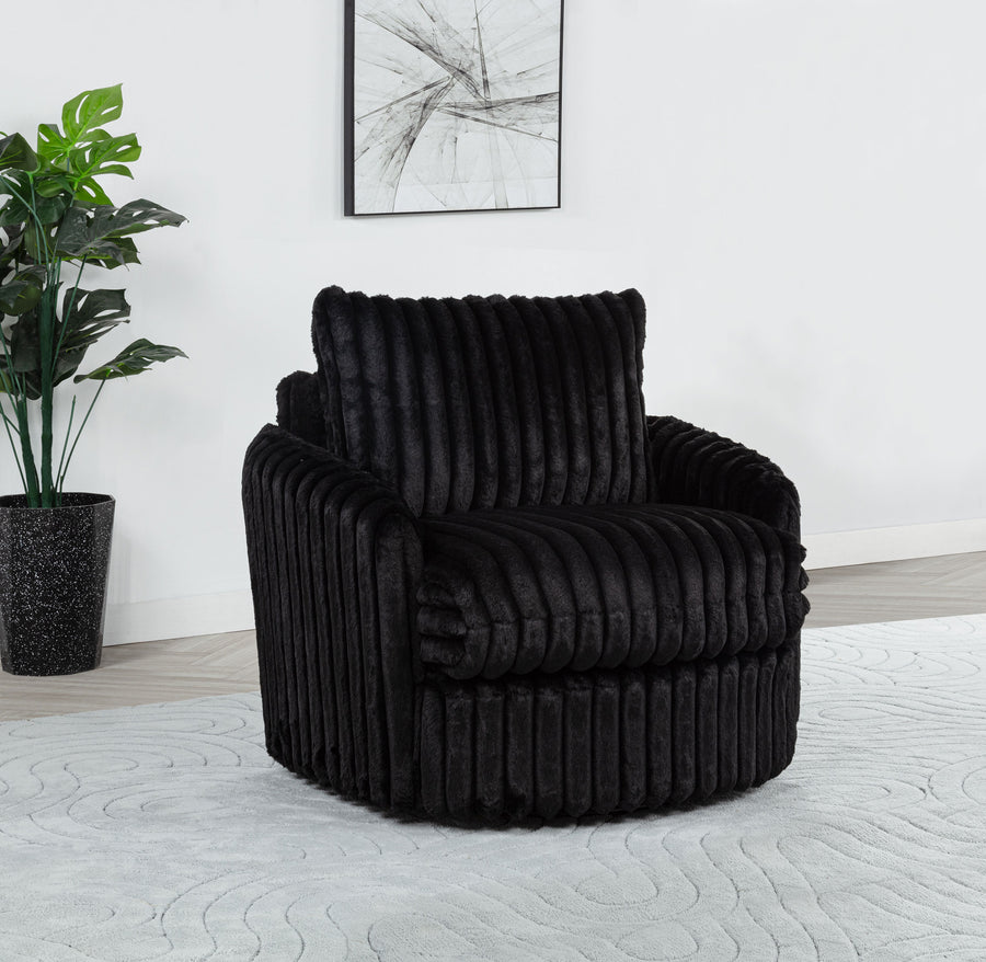 Sarco Channel-Tufted Swivel Accent Chair - Black Corduroy with 360-Degree Swivel