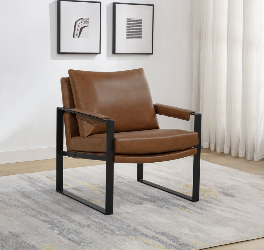 Rosalind Track Arm Accent Chair - Brown Leatherette on Slim Metal Frame
