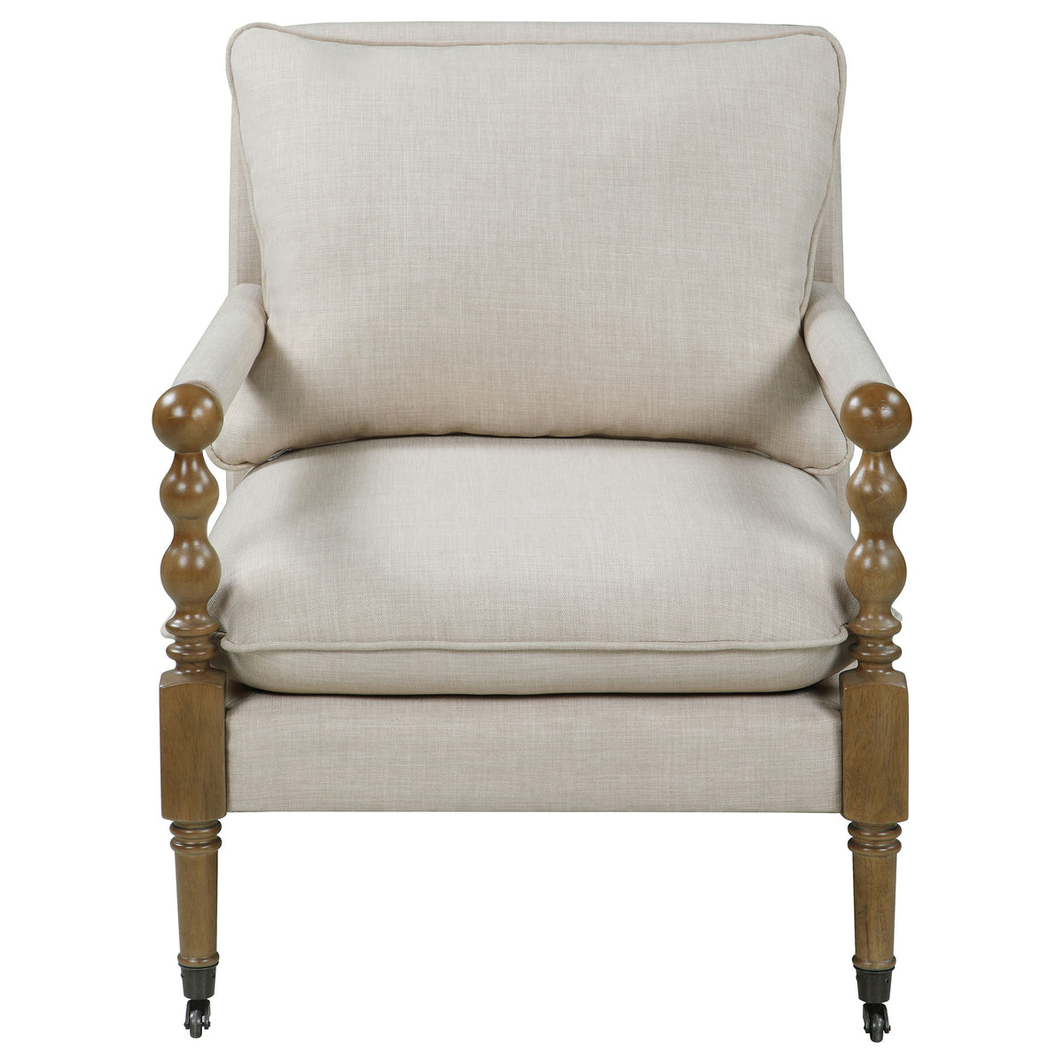 Dempsy Upholstered Accent Chair with Casters - Beige Linen-Like Fabric & Dark Oak Turned Legs – view 3