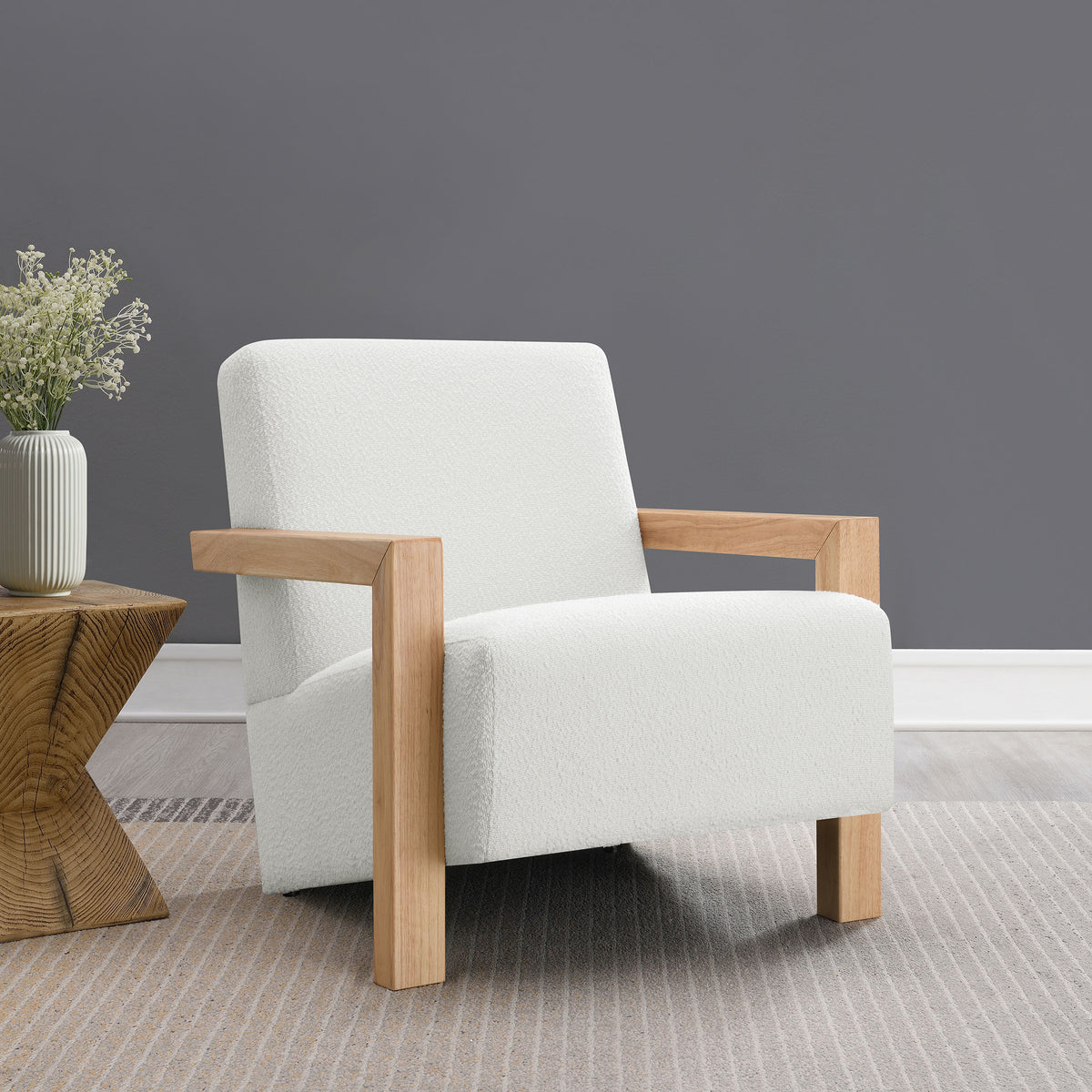 Fitzroy Boucle Accent Arm Chair with Exposed Wood Arms - Modern Ivory with Blonde Frame – view 1