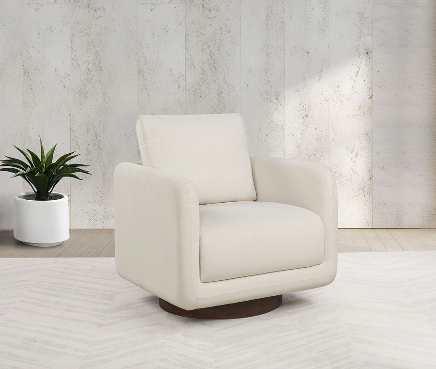 Iris Swivel Accent Chair - Rounded Ivory Upholstery with Track Arms on Coffee Wood Base