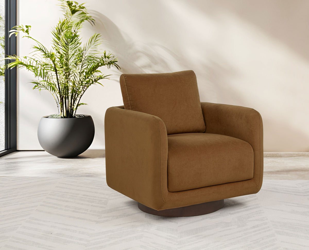 Iris Swivel Accent Chair - Rounded Track Arm Design in Rust Fabric with Coffee Wood Base – view 1