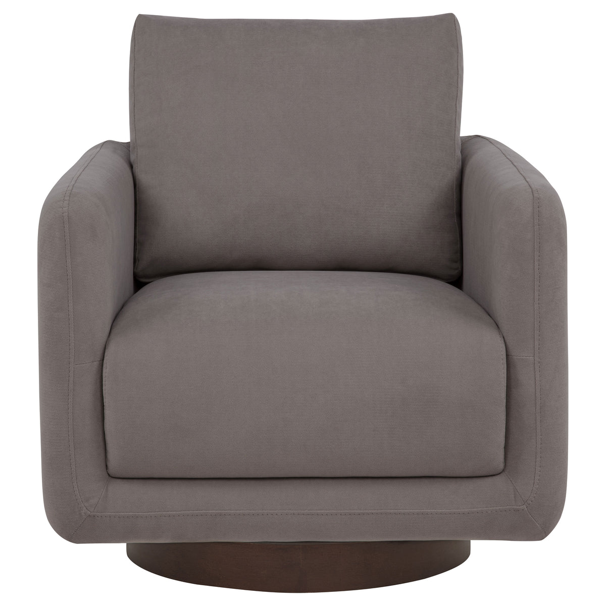 Iris Swivel Accent Chair - Stone Fabric with Track Arms & Coffee Wood Pedestal Base – view 3