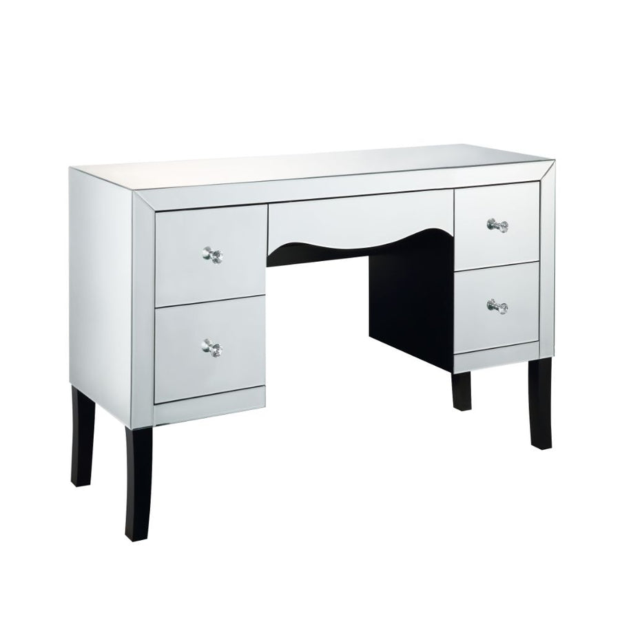Dominic Mirrored Vanity Desk - 5 Drawers with Crystal-Like Knobs & Black Tapered Legs