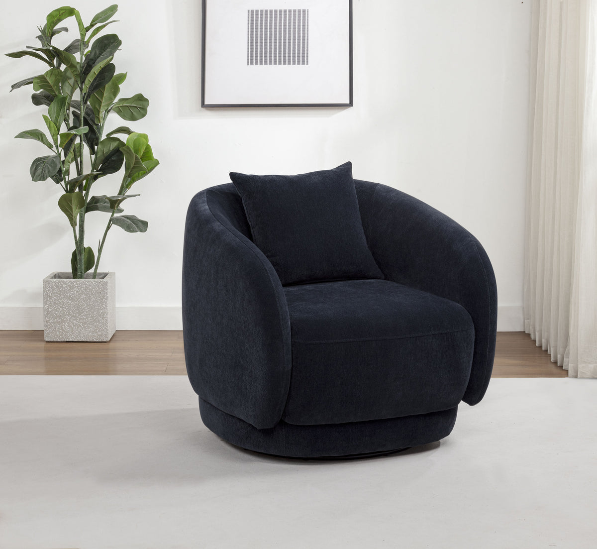 Arnaud Chenille Barrel Swivel Accent Chair - Cocooning Navy Upholstery with Loose Back Pillow โ view 1