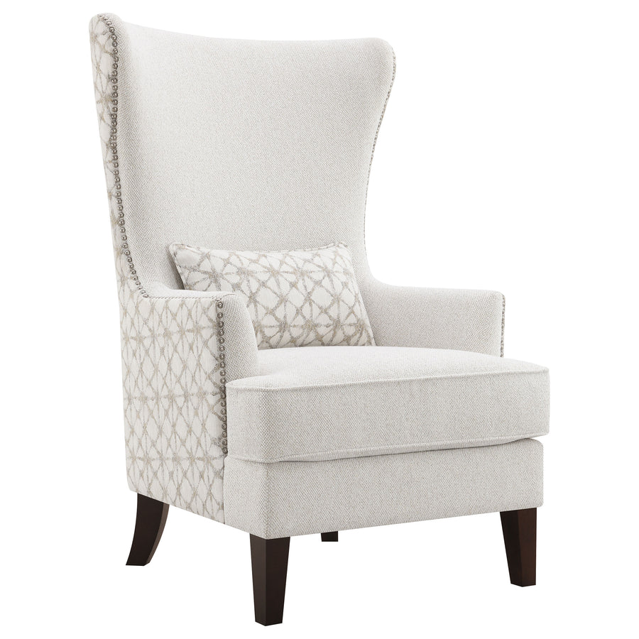 Pippin High Wingback Accent Chair - Latte Boucle with Silver Nailheads & Kidney Pillow