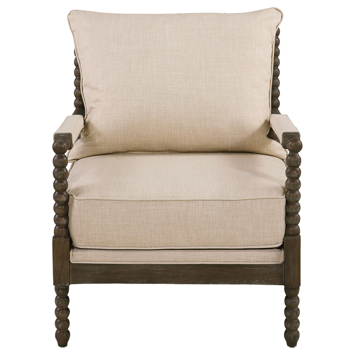 Blanchett Bobbin Accent Chair - Turned Wood Arms & Legs in Distressed Brown with Beige Fabric Cushions – view 3