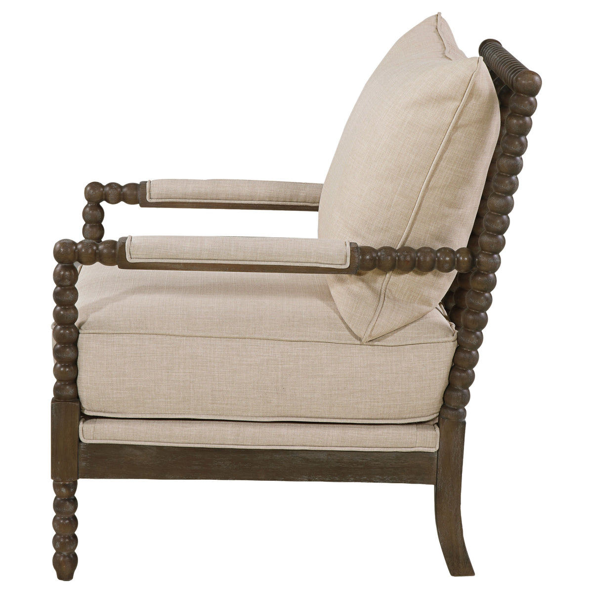 Blanchett Bobbin Accent Chair - Turned Wood Arms & Legs in Distressed Brown with Beige Fabric Cushions – view 5