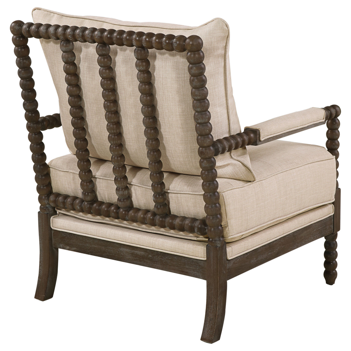 Blanchett Bobbin Accent Chair - Turned Wood Arms & Legs in Distressed Brown with Beige Fabric Cushions – view 8